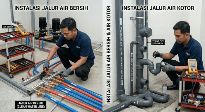 Instalasi jalur air bersih dan air kotor.