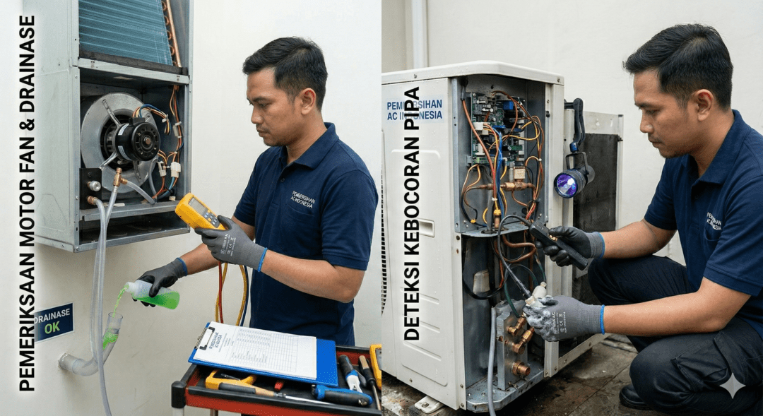 Pengecekan motor fan, drainase, dan kebocoran pipa.