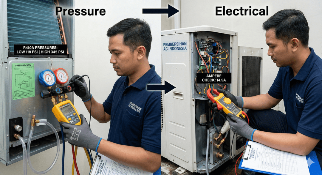 Pengecekan tekanan refrigerant dan arus listrik (Ampere).