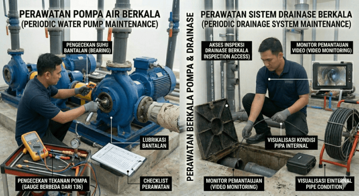Perawatan pompa air dan sistem drainase gedung secara berkala.