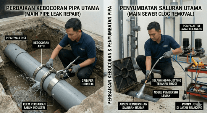 Perbaikan kebocoran dan penyumbatan pipa.